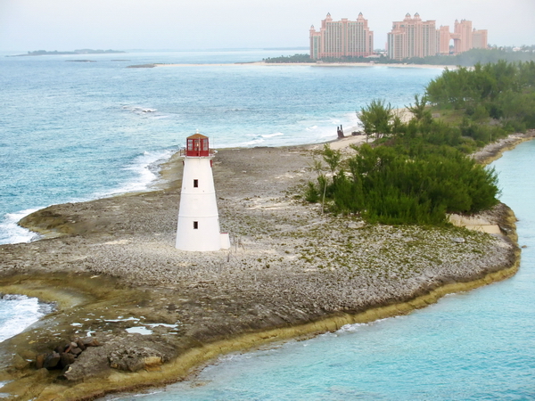Last view of Hog Island light house and Atlantis, departing Port of Nassau