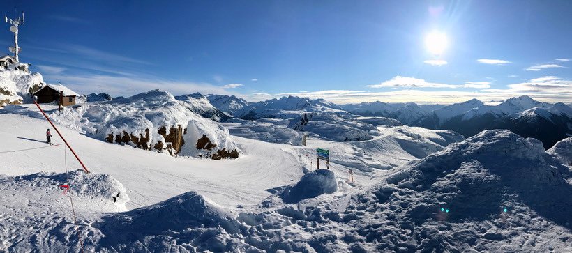 Pano from the top of Whistler Peak on a beautiful blue bird day, January 2019.