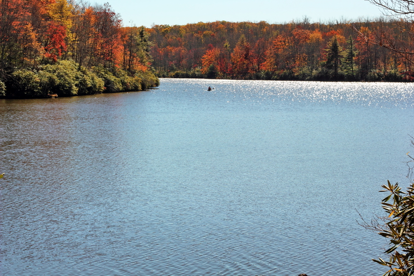 Fall colours across a North Carolina mountain lake pull off on the Blue Ridge Parkway.