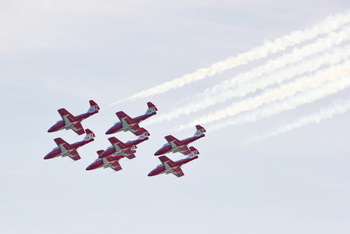 Snowbirds fly past showing plane bottoms, 2012 CNE Air Show.