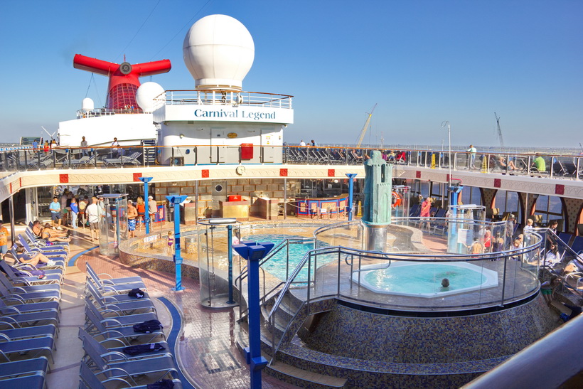 Pool and deck on boarding day of the Carnival Legend.