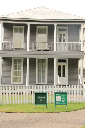 The Yates house, reconstructed by the Historical Society of Houston, TX in the downtown historical park.