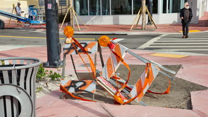 Constructions signs left tipped over during Miami Beach's Art Basel appear to be their own art exhibit.