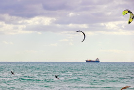Kite boarders off of Miami Beach, Florida.