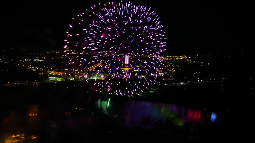 Fireworks over Niagara Falls, from the Skylon Tower.