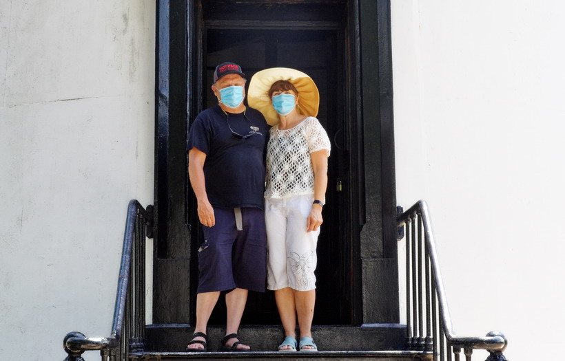 Sign of the times, photo with masks on at Hunting Island State Park, South Carolina, amid the Covid 19 precautions.