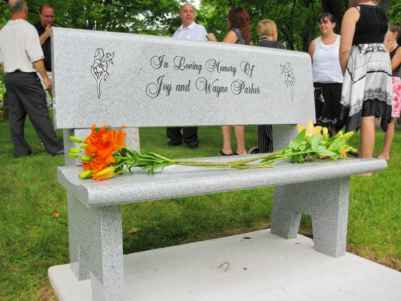 Marble bench to honour Joy and Wayne Parker's life.