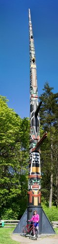 World's tallest free standing totem pole on Vancouver Island, along one of the bicycle paths in Victoria, BC.