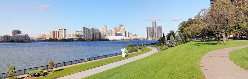 Odette Sculpture park on the Waterfront Trail with Detroit Skyline across the river.