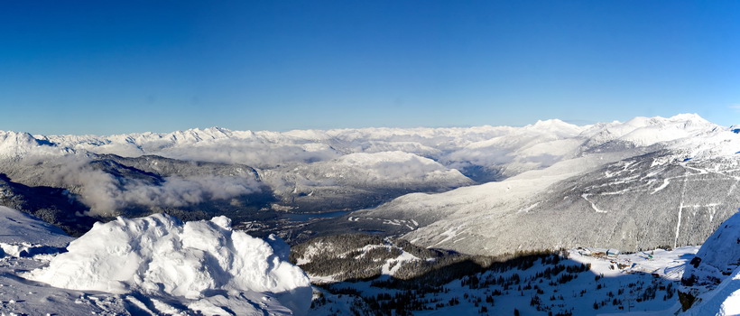Panorama from the top of Whistler Peak on Whistler Mountain.